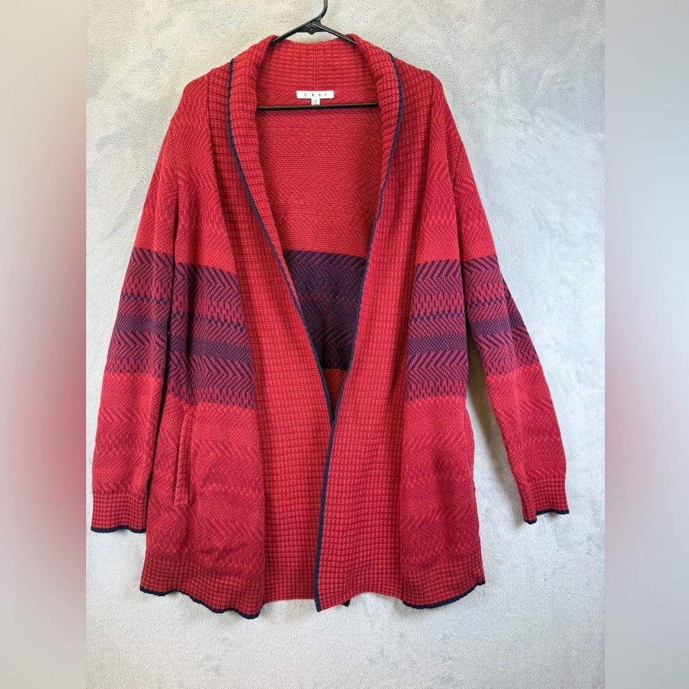 CAbi Red Cardigan Size Medium Joy Open Front Long Pockets Cozy